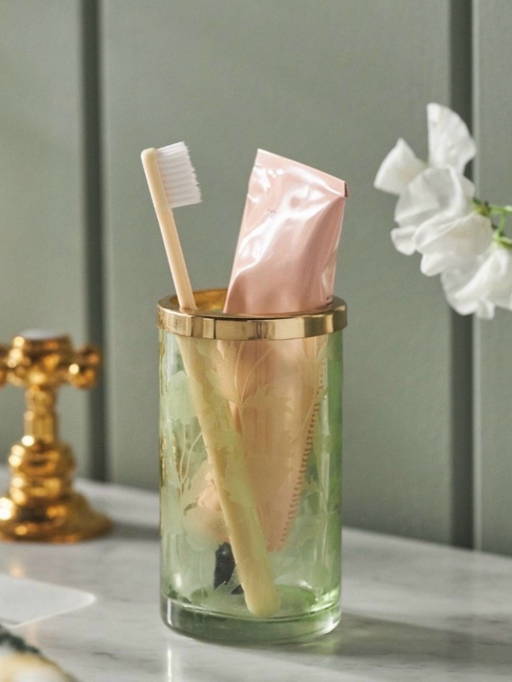 Anthropologie Etched Floral Bath Tumbler